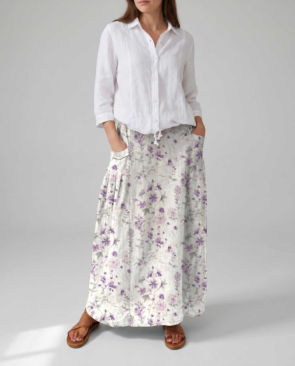 Vintage Floral Print White A-Line Pocket Skirt — detail view