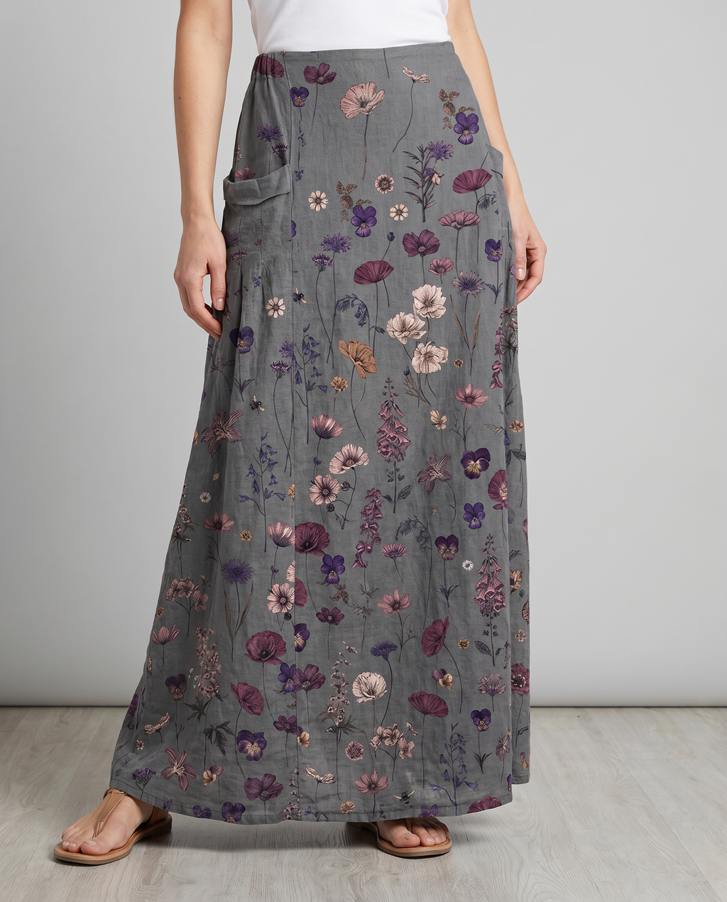 Vintage Flower Art Print Pocket Maxi Skirt — detail view