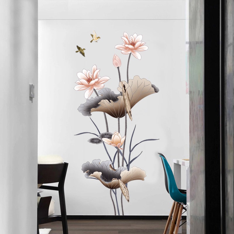 Wall Decal Custom Vinyl Stickers Peel Stick Lotus Flower Mural with Gold Accents and Flying Birds - Image 1