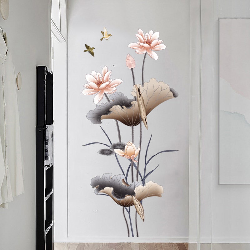 Wall Decal Custom Vinyl Stickers Peel Stick Lotus Flower Mural with Gold Accents and Flying Birds - Image 2