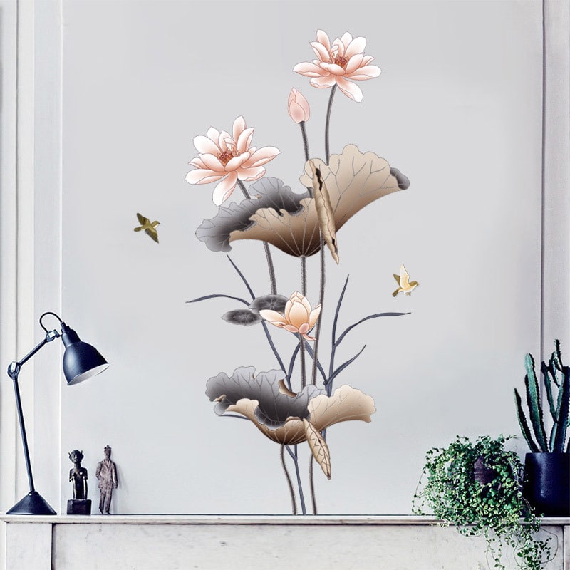Wall Decal Custom Vinyl Stickers Peel Stick Lotus Flower Mural with Gold Accents and Flying Birds - Image 3