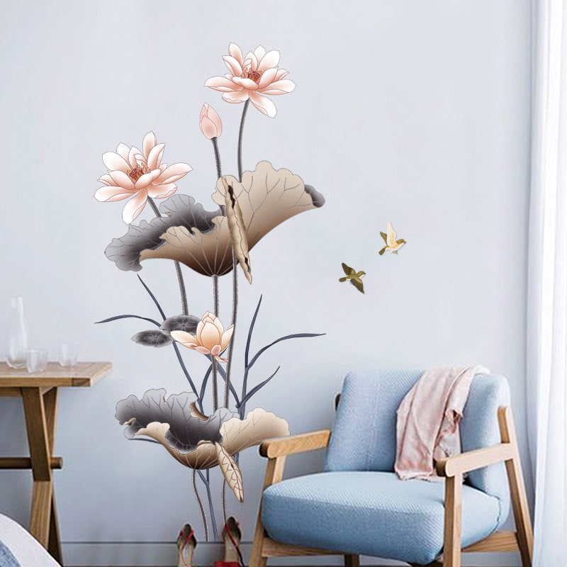 Wall Decal Custom Vinyl Stickers Peel Stick Lotus Flower Mural with Gold Accents and Flying Birds - Image 4