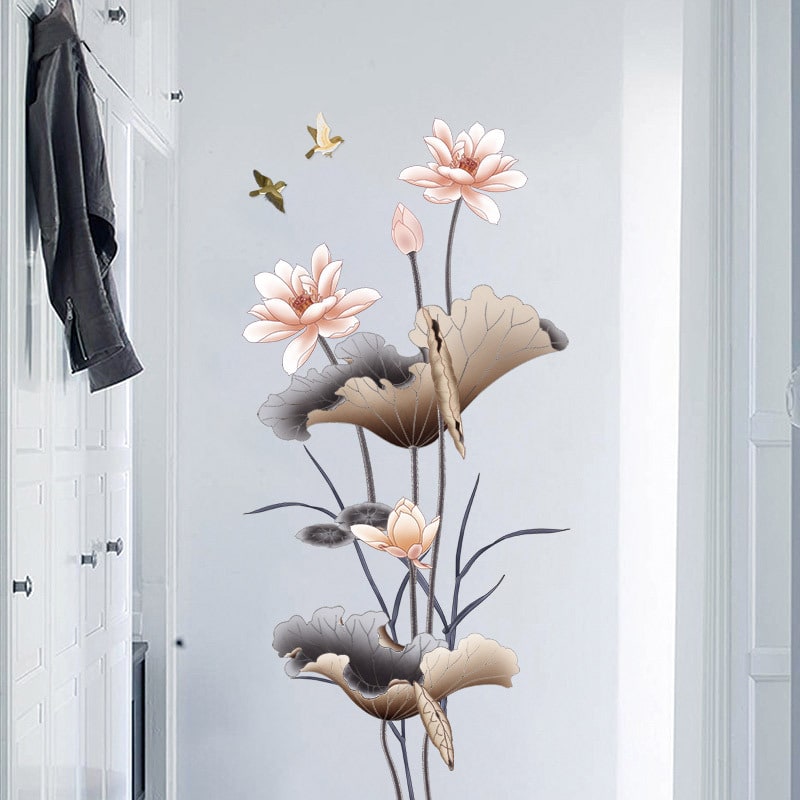Wall Decal Custom Vinyl Stickers Peel Stick Lotus Flower Mural with Gold Accents and Flying Birds - Image 5