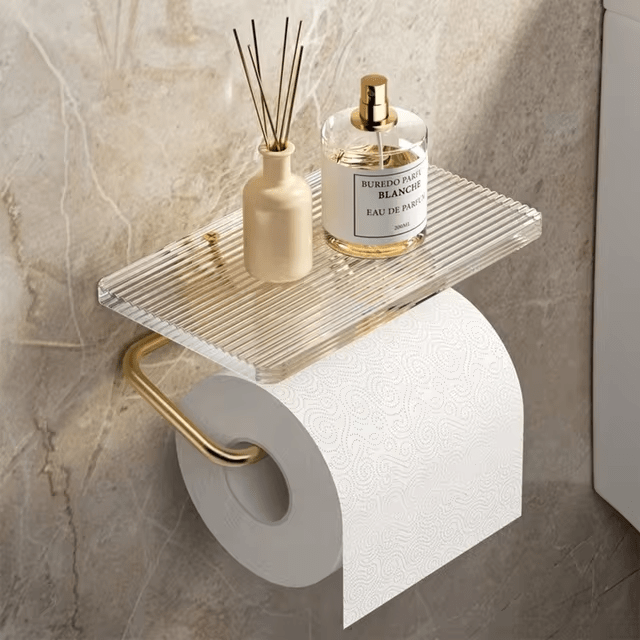Wall-Mounted Toilet Paper Holder with Integrated Acrylic Shelf and Metal Roll Arm - Image 1