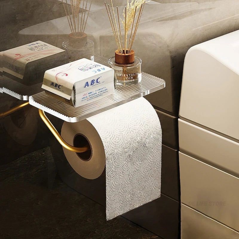 Wall-Mounted Toilet Paper Holder with Integrated Acrylic Shelf and Metal Roll Arm - Image 2