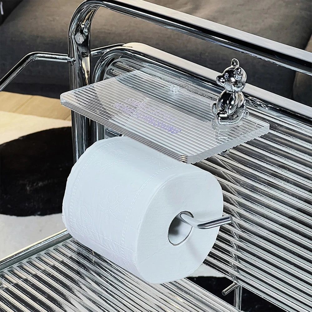 Wall-Mounted Toilet Paper Holder with Integrated Acrylic Shelf and Metal Roll Arm - Image 3