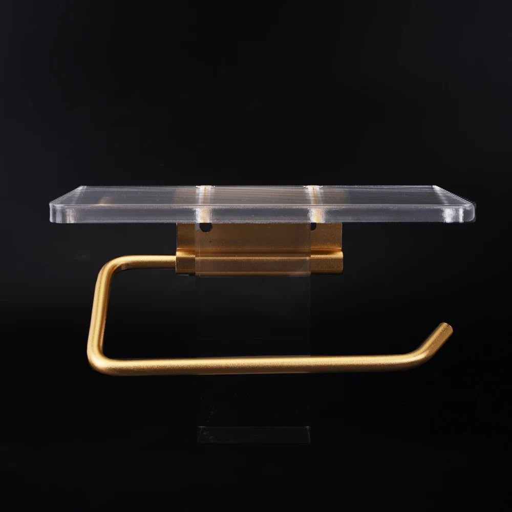Wall-Mounted Toilet Paper Holder with Integrated Acrylic Shelf and Metal Roll Arm - Image 4