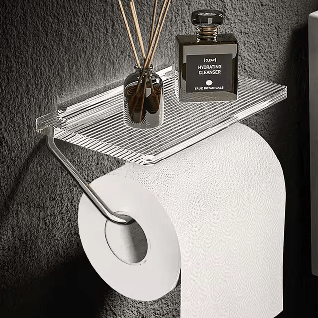 Wall-Mounted Toilet Paper Holder with Integrated Acrylic Shelf and Metal Roll Arm - Image 5