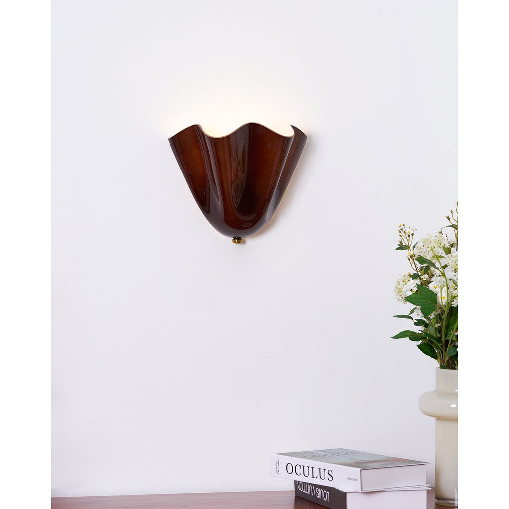 Wall Sconce Lighting with Wavy Glass Handkerchief Shade and Brass Finial - Image 13