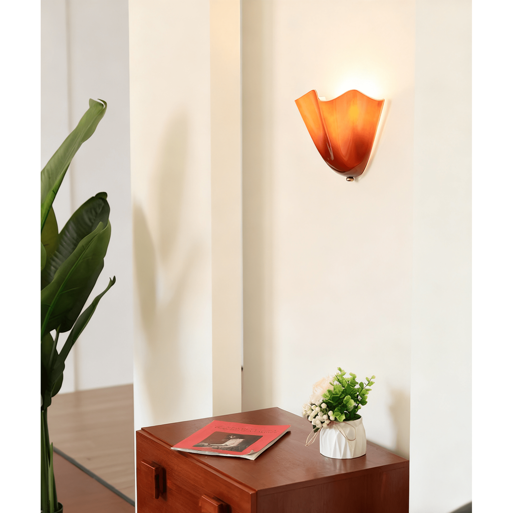 Wall Sconce Lighting with Wavy Glass Handkerchief Shade and Brass Finial - Image 4