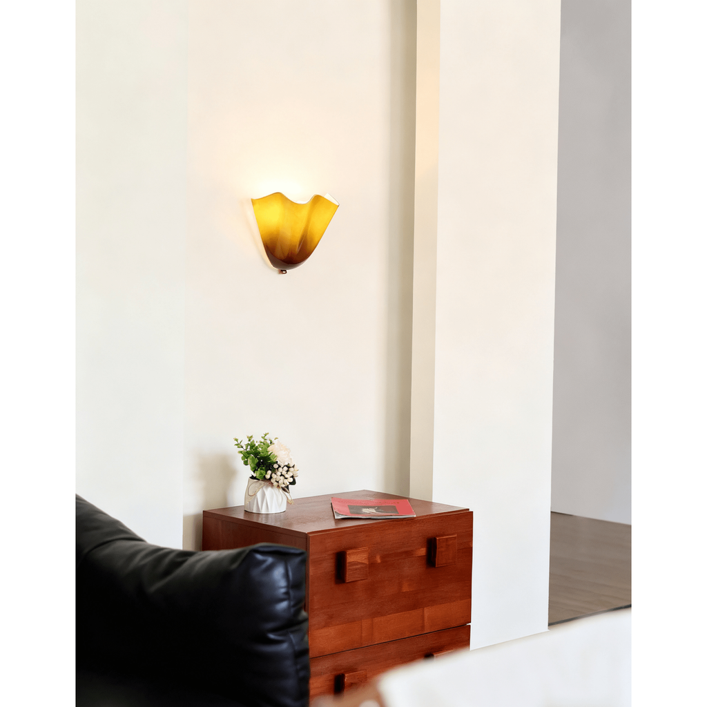 Wall Sconce Lighting with Wavy Glass Handkerchief Shade and Brass Finial - Image 40