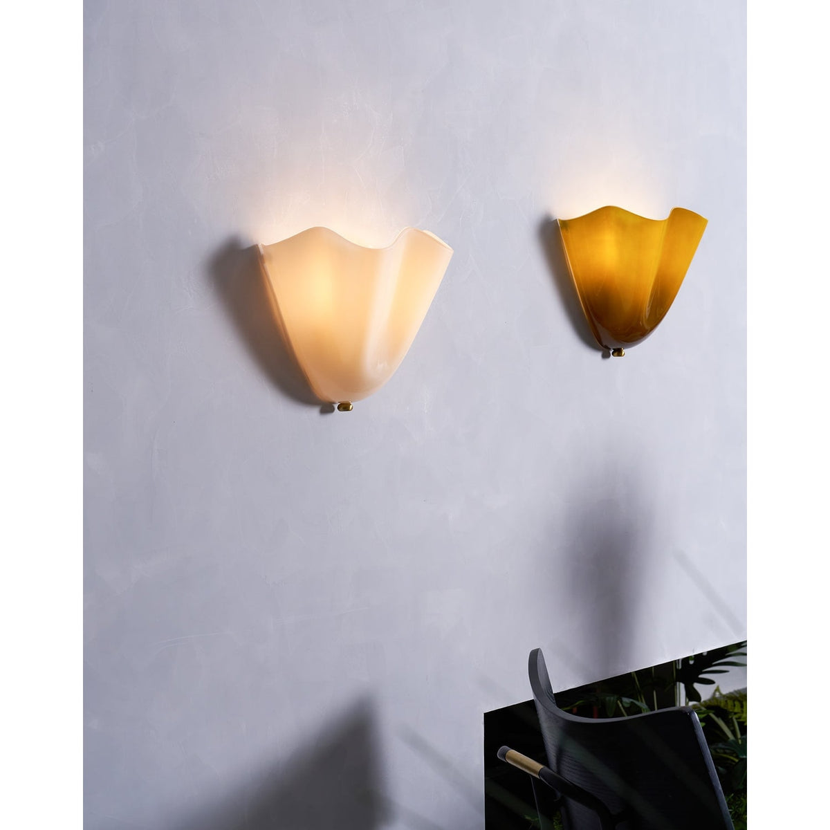 Wall Sconce Lighting with Wavy Glass Handkerchief Shade and Brass Finial - Image 46