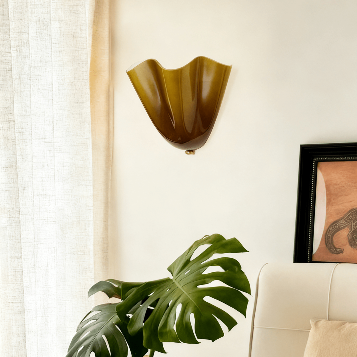Wall Sconce Lighting with Wavy Glass Handkerchief Shade and Brass Finial - Image 5