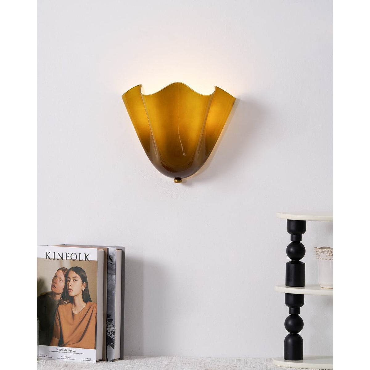 Wall Sconce Lighting with Wavy Glass Handkerchief Shade and Brass Finial - Image 9