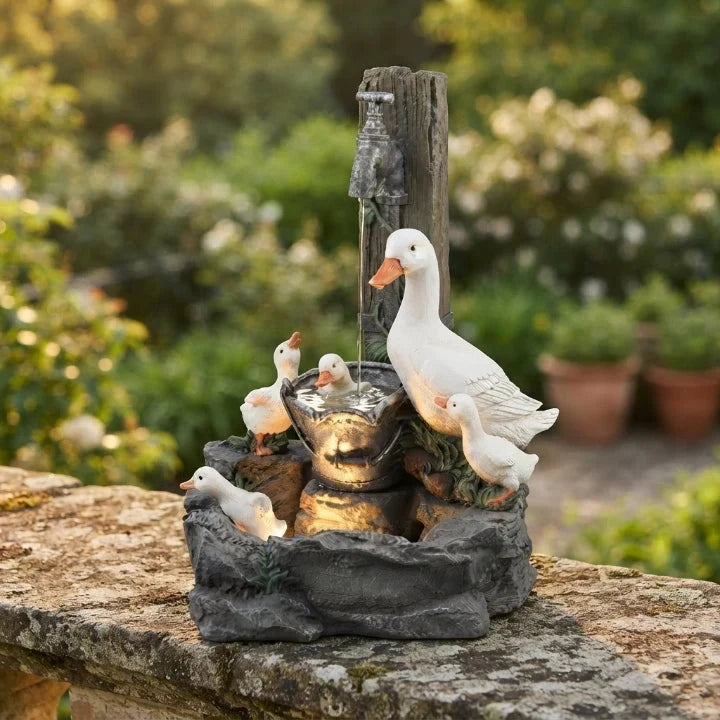 Water Fountain Tabletop with Hand-Painted Animal Figure LED Lighting and Solar Powered Battery - Image 1