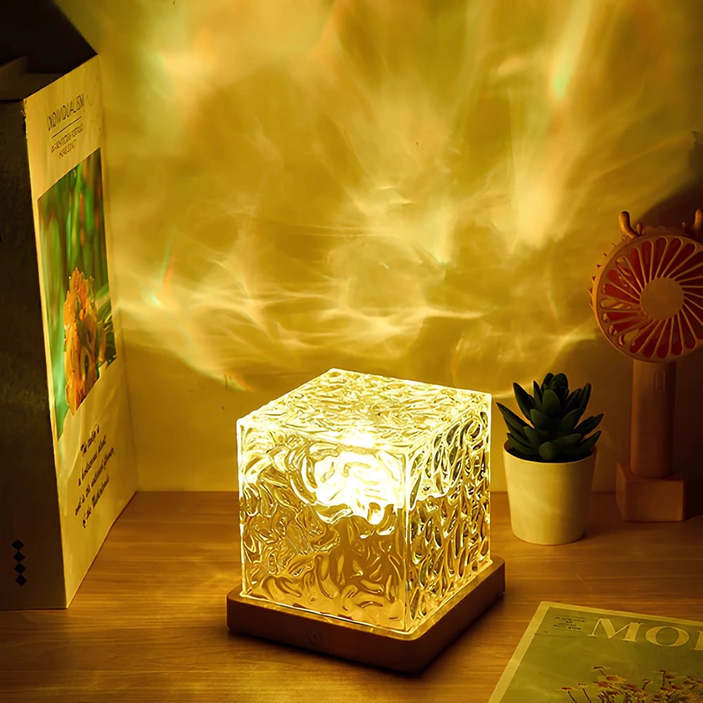 Water Ripple Lamp LED Projector Cube Wooden Base Texture Light - Image 11