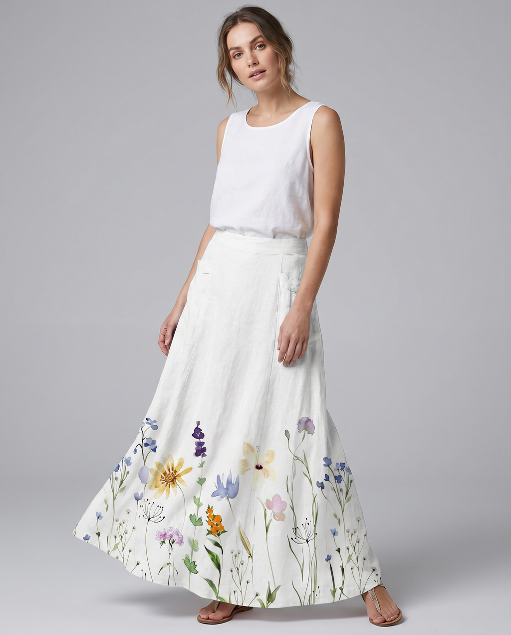 Watercolor Spring Meadow Floral Pocket Skirt — side view