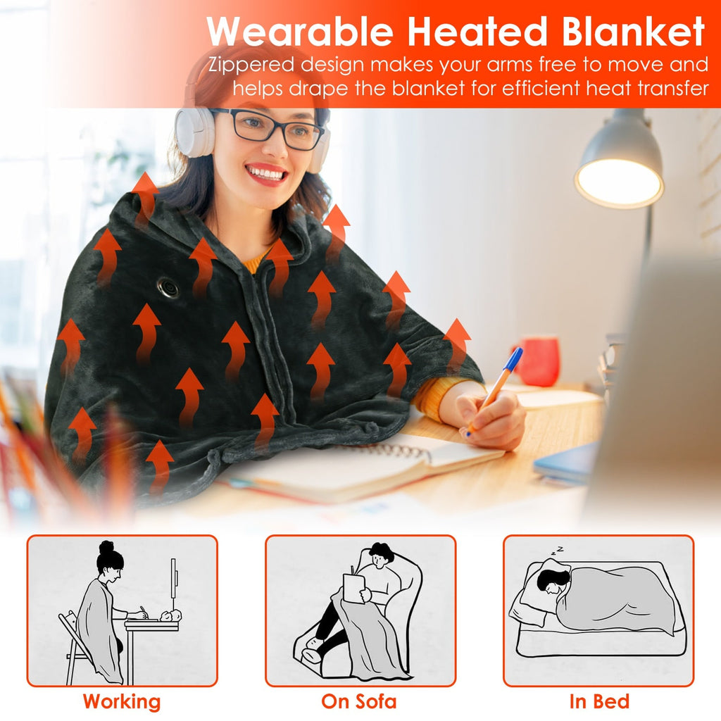 Wearable Heated Blanket Throw with USB Power and Zipper Closure Portable Electric Shawl Wrap - Image 10