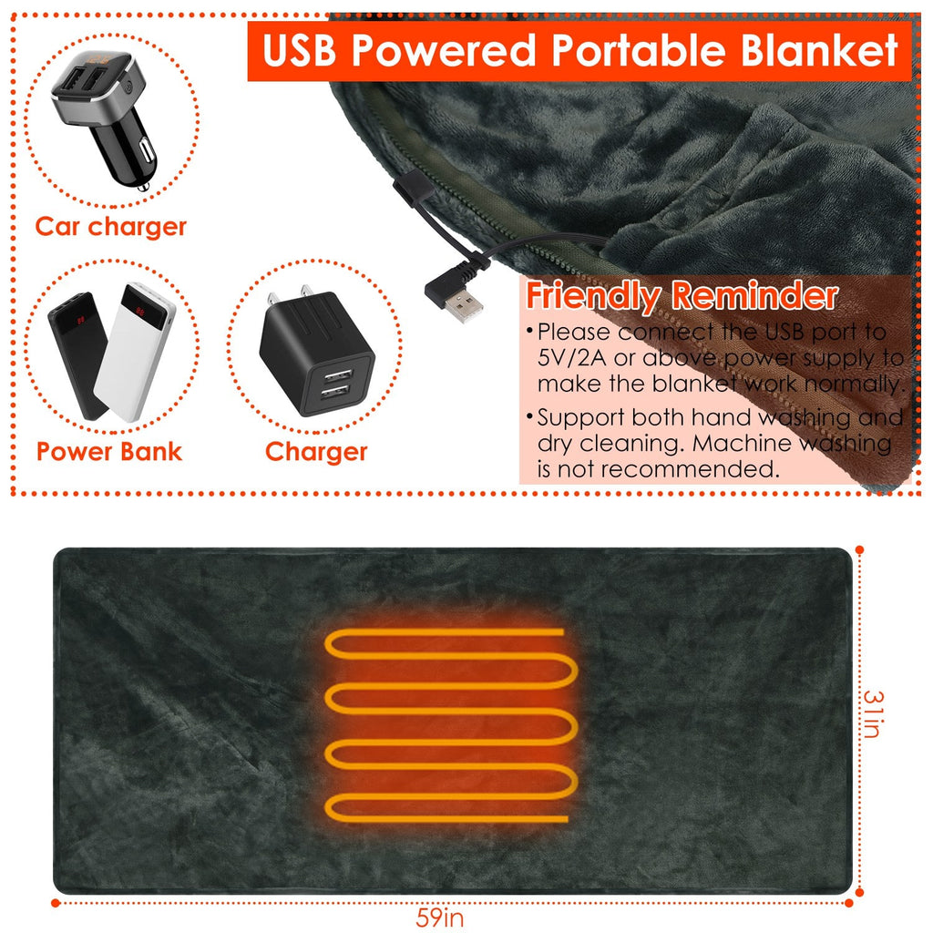 Wearable Heated Blanket Throw with USB Power and Zipper Closure Portable Electric Shawl Wrap - Image 3