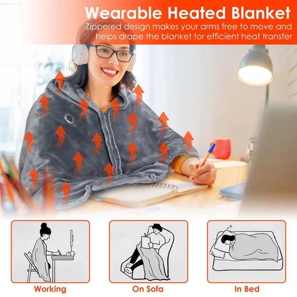 Wearable Heated Blanket with USB Power Zipper Shawl Wrap Eight Heating Zones 59 X 31 Inches - Image 3
