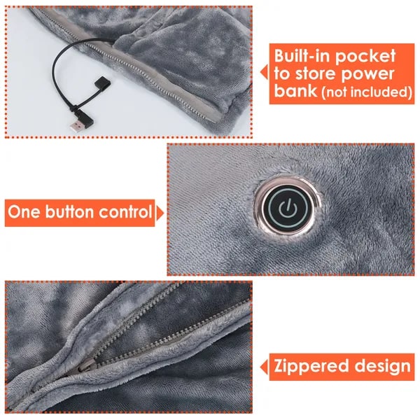 Wearable Heated Blanket with USB Power Zipper Shawl Wrap Eight Heating Zones 59 X 31 Inches - Image 4