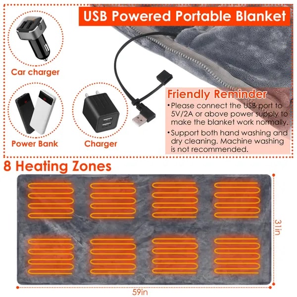 Wearable Heated Blanket with USB Power Zipper Shawl Wrap Eight Heating Zones 59 X 31 Inches - Image 5