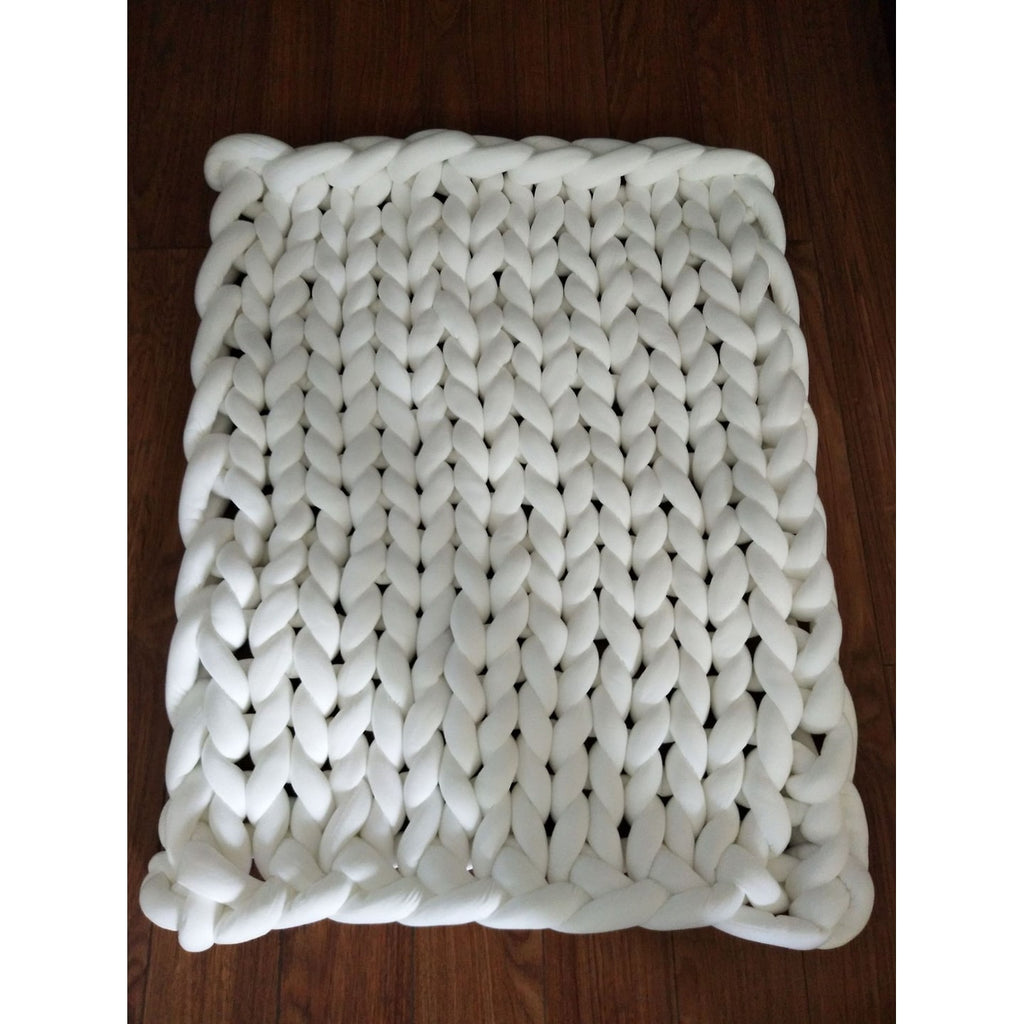 Weighted Chunky Knit Blanket with Hand-Woven Yarn and Braided Borders Finger Knitting - Image 1