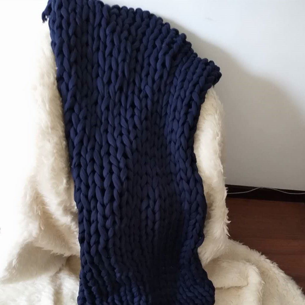 Weighted Chunky Knit Blanket with Hand-Woven Yarn and Braided Borders Finger Knitting - Image 11