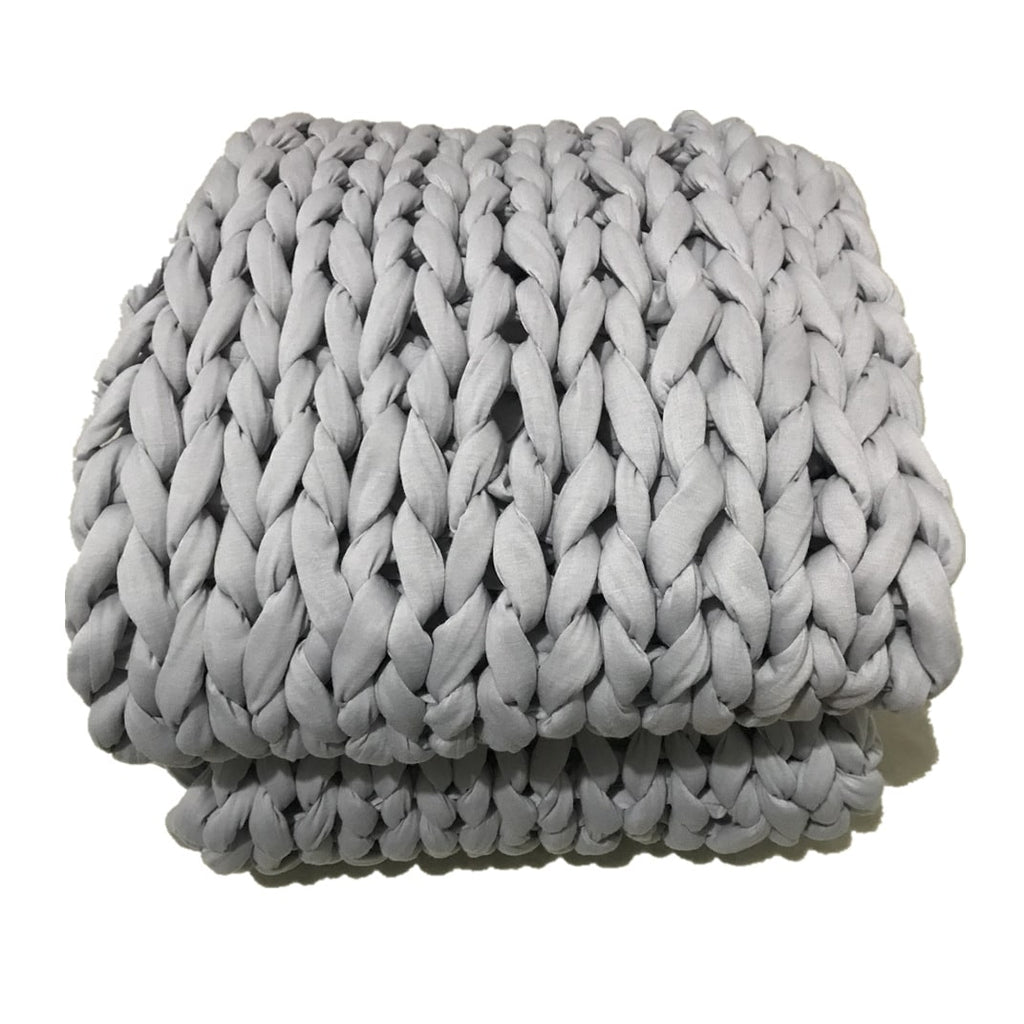Weighted Chunky Knit Blanket with Hand-Woven Yarn and Braided Borders Finger Knitting - Image 7