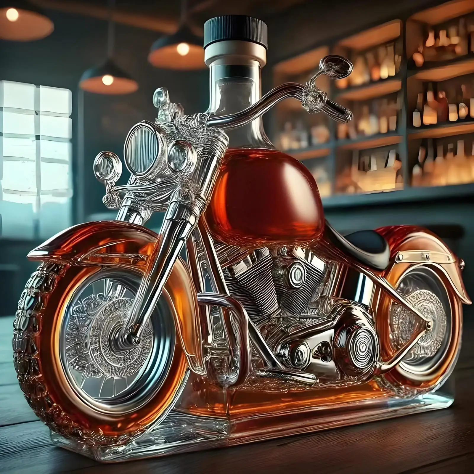 Whiskey Decanter and Glasses Set Motorcycle Cruiser Design Glass Carafe Crystal - Image 1