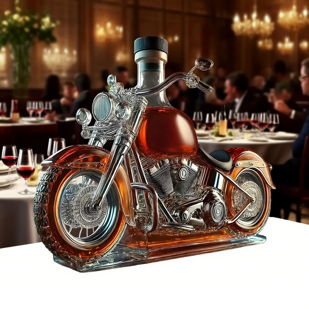 Whiskey Decanter and Glasses Set Motorcycle Cruiser Design Glass Carafe Crystal - Image 2