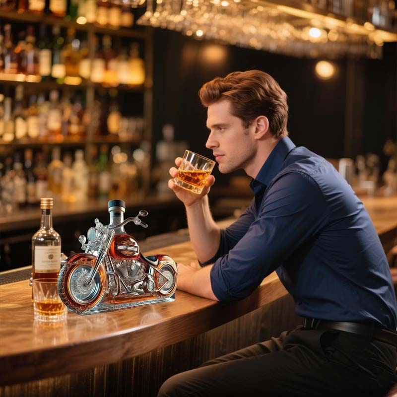 Whiskey Decanter and Glasses Set Motorcycle Cruiser Design Glass Carafe Crystal - Image 3