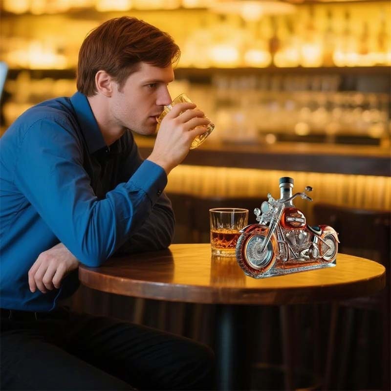 Whiskey Decanter and Glasses Set Motorcycle Cruiser Design Glass Carafe Crystal - Image 4