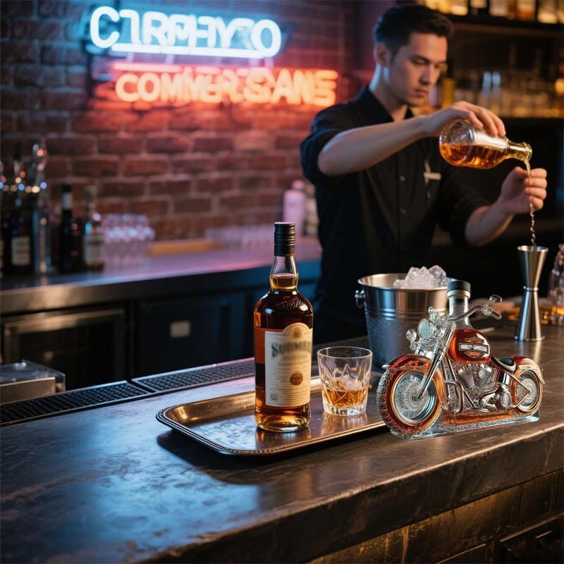 Whiskey Decanter and Glasses Set Motorcycle Cruiser Design Glass Carafe Crystal - Image 5