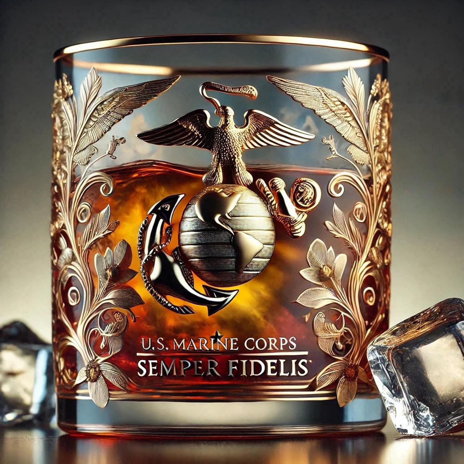 Whiskey Glass Rocks Tumbler Crystal Gold Emblem Filigree Gift - Image 4