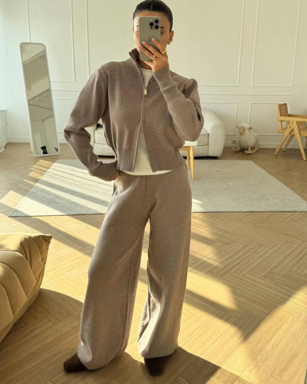 Wide Leg Knit Zip Up Jacket and Trousers Two-Piece Lounge Set — alternative angle
