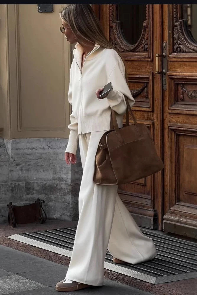 Wide Leg Knit Zip Up Jacket and Trousers Two-Piece Lounge Set — back view