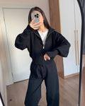 Wide Leg Knit Zip Up Jacket and Trousers Two-Piece Lounge Set — close-up
