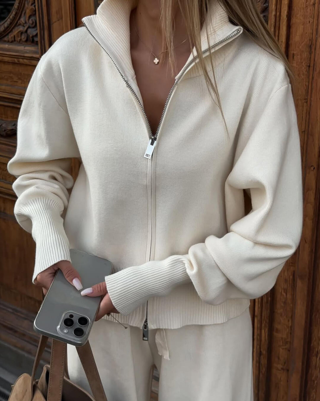 Wide Leg Knit Zip Up Jacket and Trousers Two-Piece Lounge Set — side view