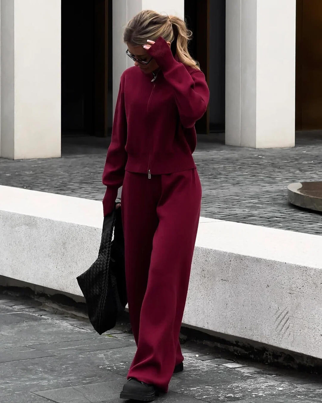 Wide Leg Knit Zip Up Jacket and Trousers Two-Piece Lounge Set — styling detail
