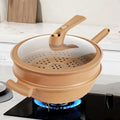 Wok Pan Non Stick Steamer Glass Lid Removable Basket Perforated - Image 1