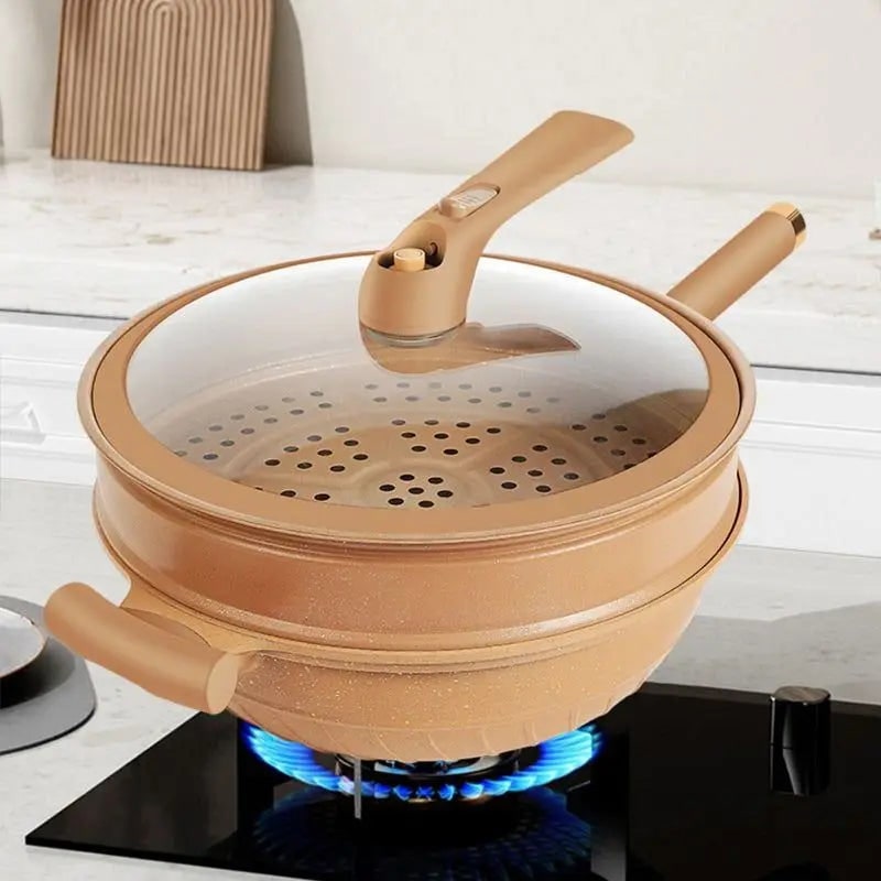 Wok Pan Non Stick Steamer Glass Lid Removable Basket Perforated - Image 1