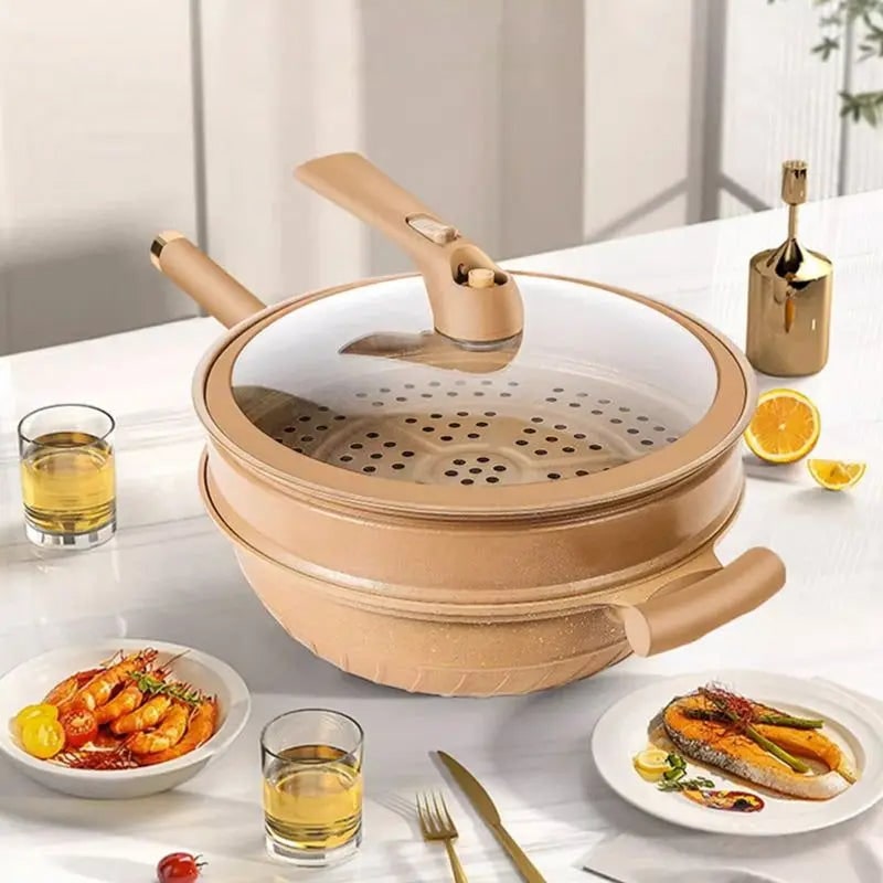 Wok Pan Non Stick Steamer Glass Lid Removable Basket Perforated - Image 2