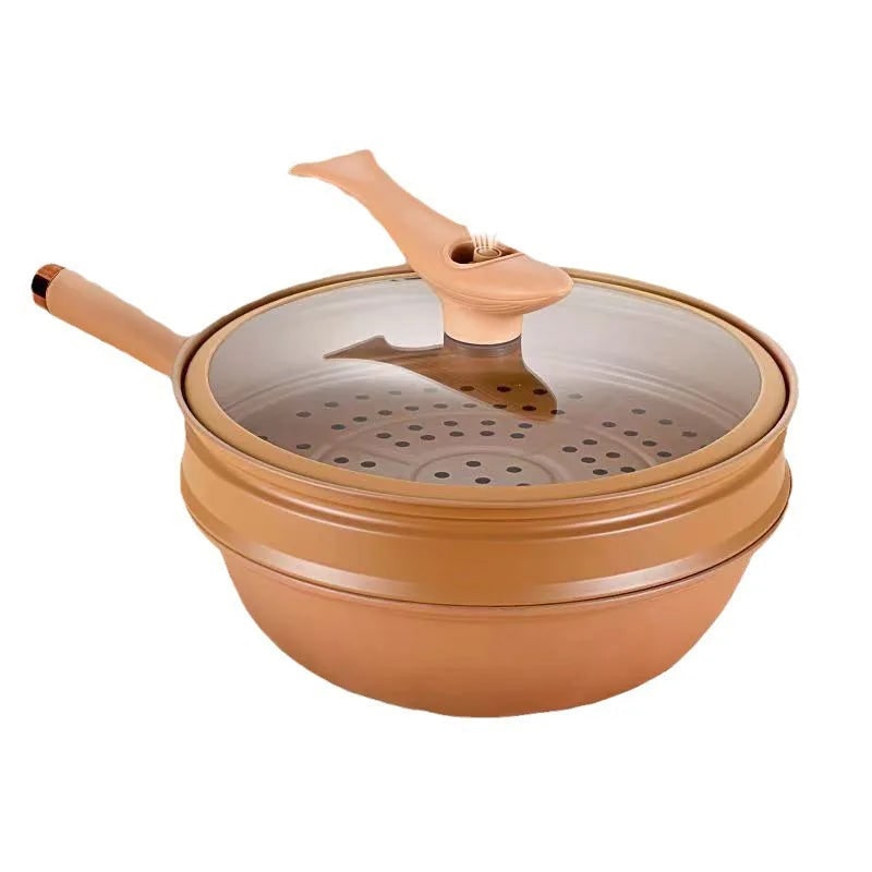 Wok Pan Non Stick Steamer Glass Lid Removable Basket Perforated - Image 7
