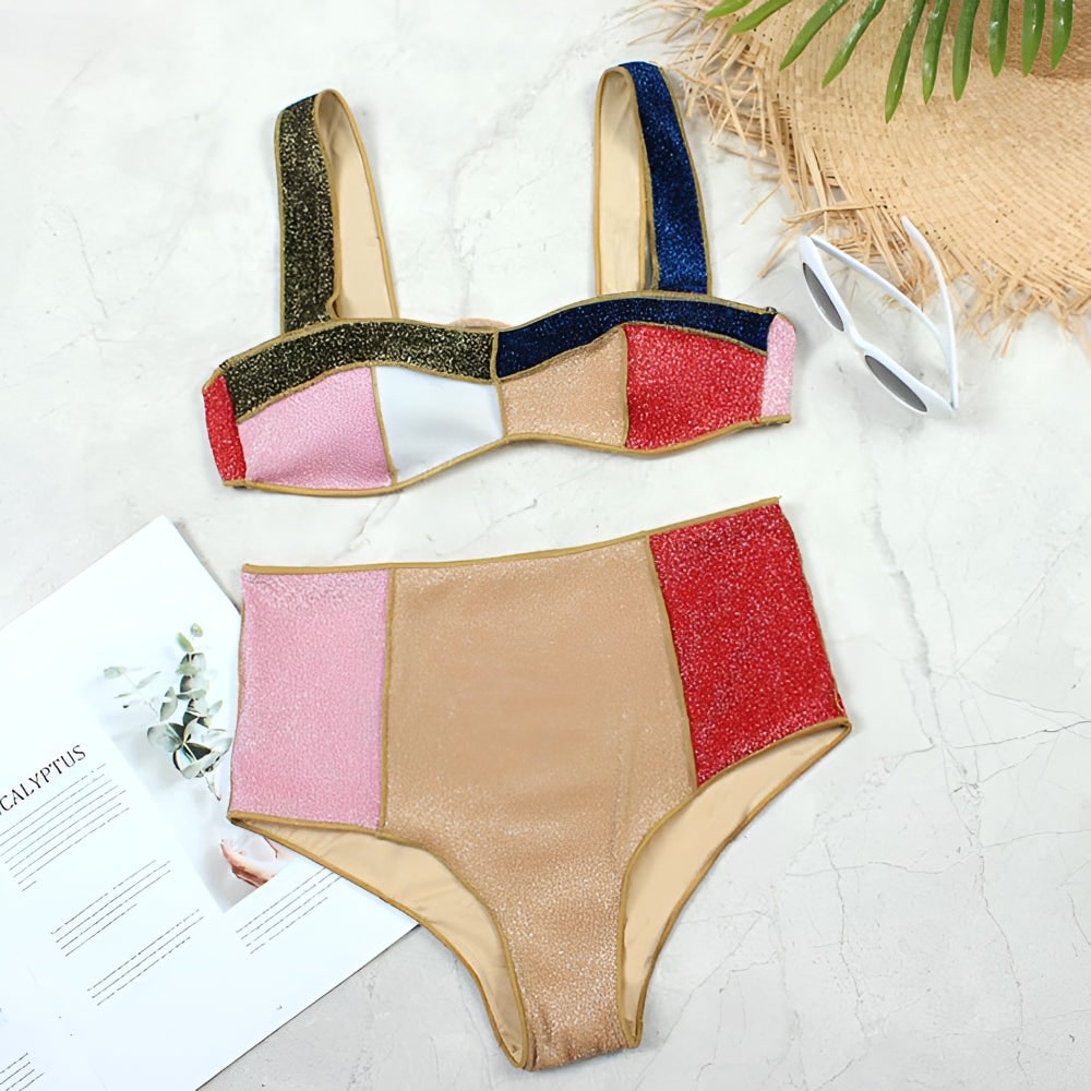 Women's Bikini Set High Waisted Bottoms Full Coverage Color Block Glitter Two Piece - Image 2