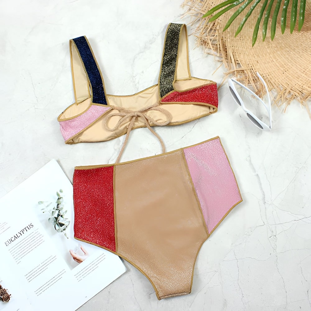 Women's Bikini Set High Waisted Bottoms Full Coverage Color Block Glitter Two Piece - Image 3