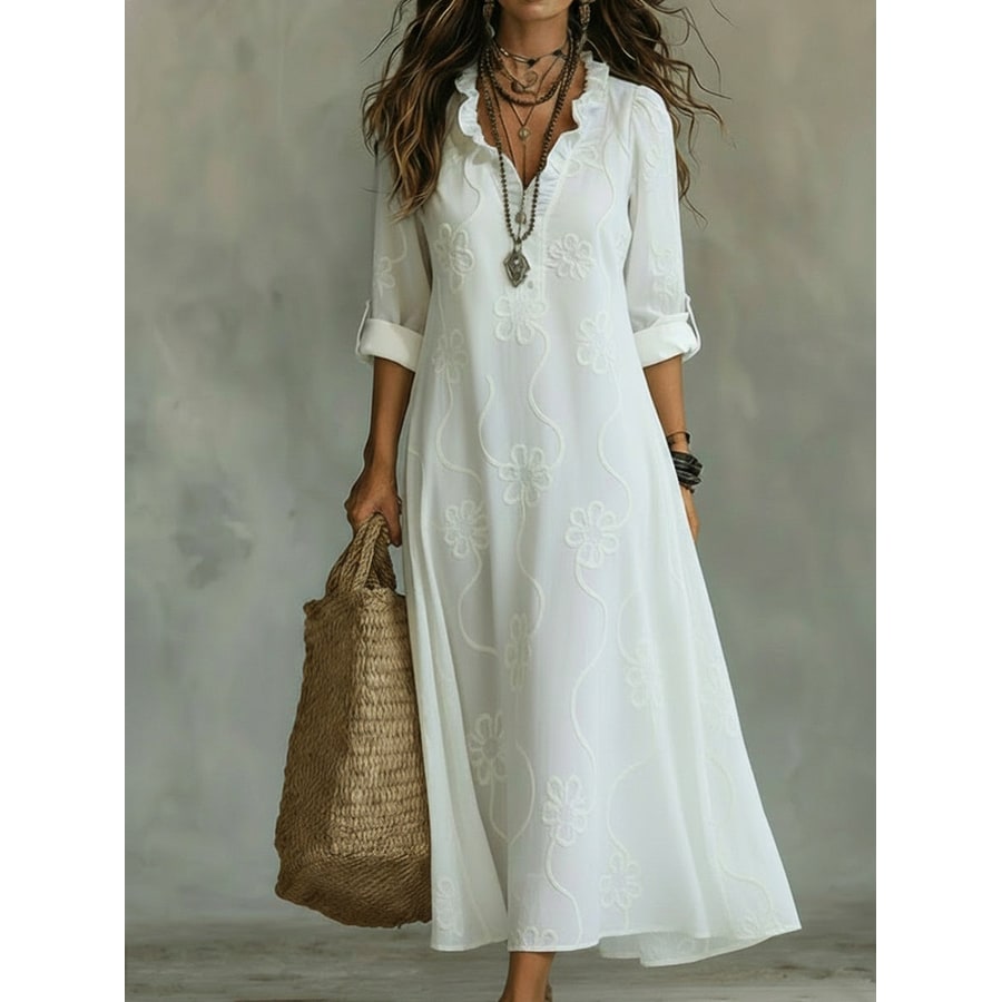 Women's Boho Maxi Dress with Ruffled Collar V-Neckline and Floral Embroidery - Image 1