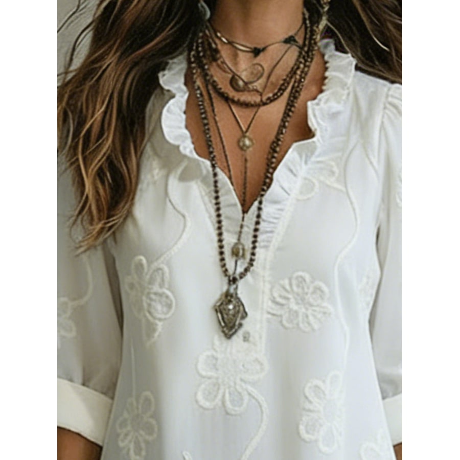 Women's Boho Maxi Dress with Ruffled Collar V-Neckline and Floral Embroidery - Image 2