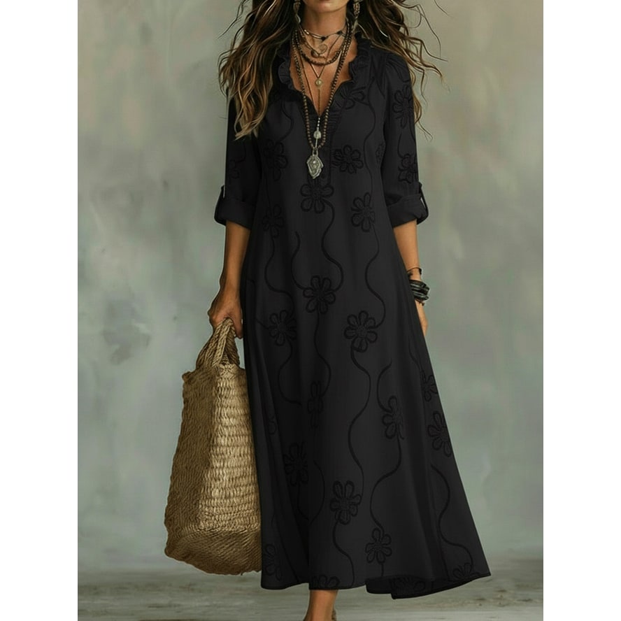 Women's Boho Maxi Dress with Ruffled Collar V-Neckline and Floral Embroidery - Image 3