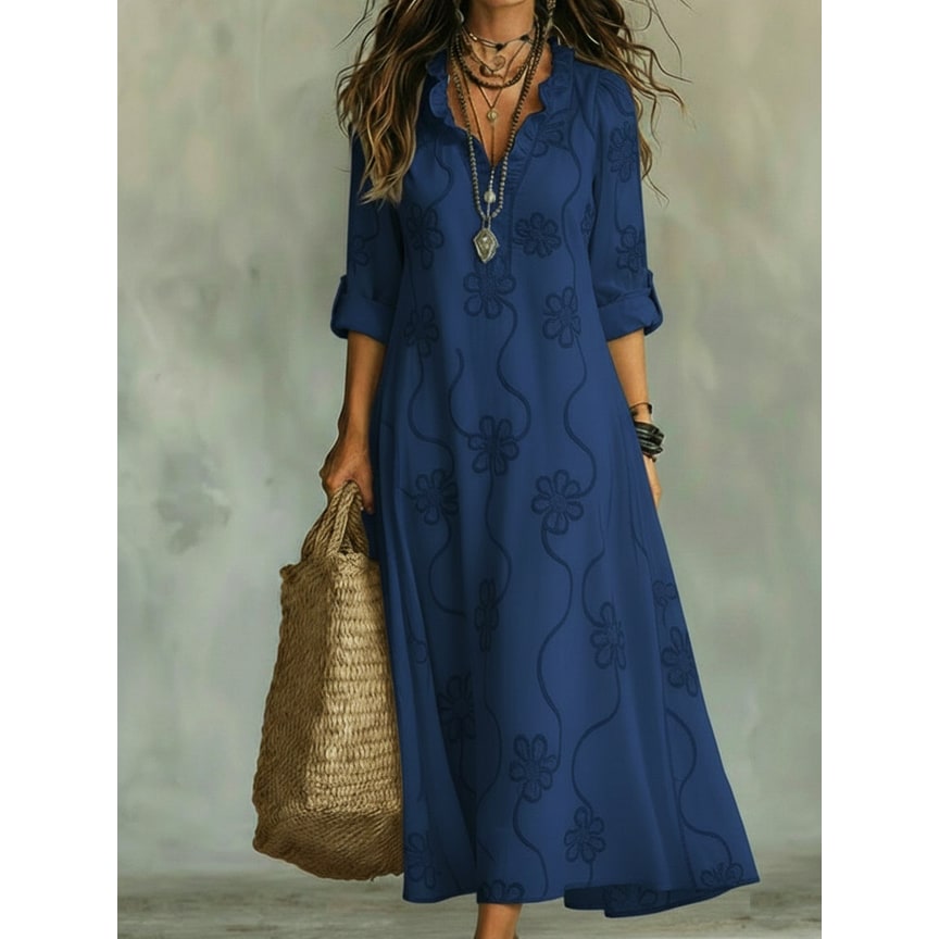 Women's Boho Maxi Dress with Ruffled Collar V-Neckline and Floral Embroidery - Image 4